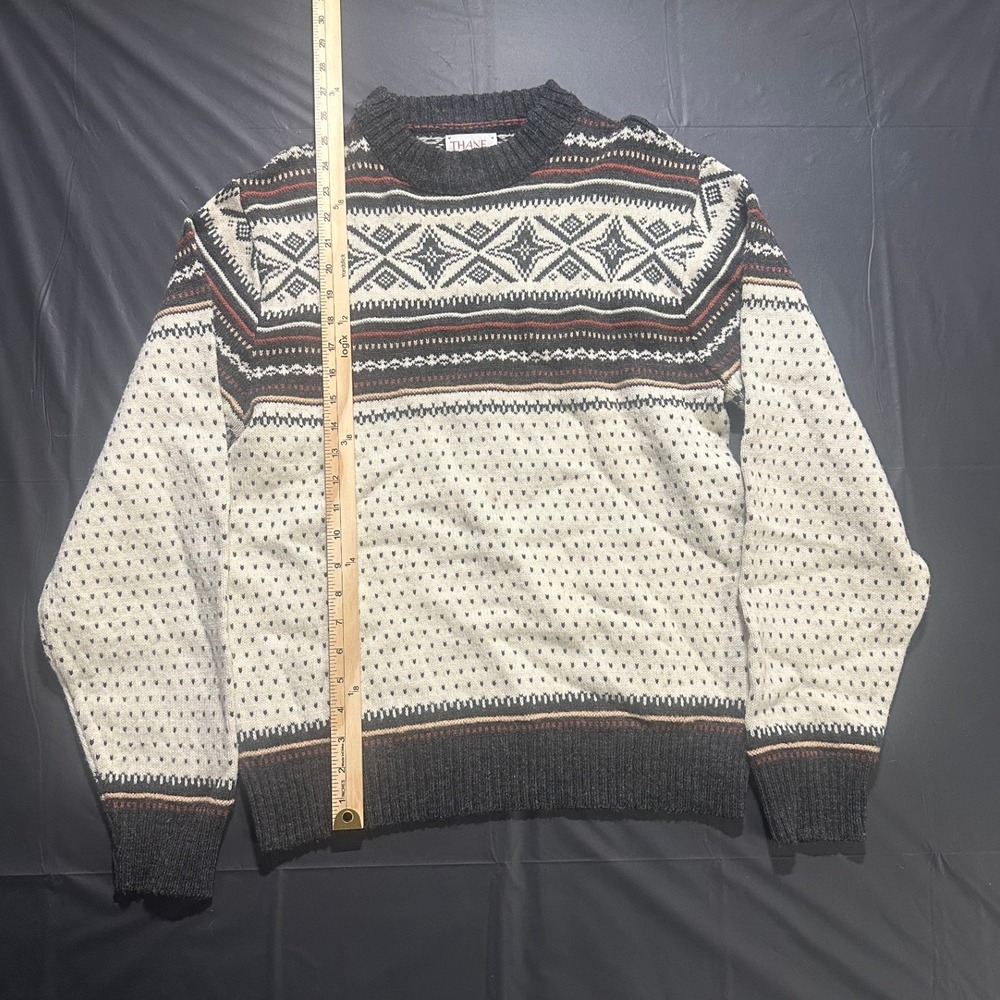 Thane Vintage Fair Isle Orlon Acrylic Sweater Charcoal Grey Cream Rust Medium